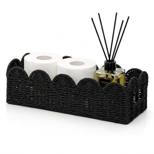 Black Scalloped Toilet Tank Basket — Paper Rope Woven Toilet Paper Holder for Back of Toilet, Scalloped Wicker Tray, Boho Bathroom Organizer and Storage for Tank Top, Countertop & Small Spaces - color: Black