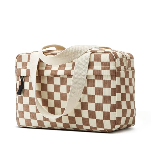 Large Makeup Bag for Women Corduroy Cosmetic bag Make up Bags Zipper Pouch with handle Cosmetic Organizer Toiletry Bag for Travel Storage - color: 20-Checkered Light Khaki