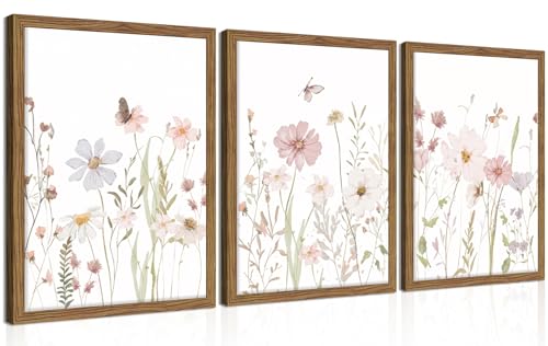 Framed Wildflower Wall Art Set of 3, Pink Floral Canvas Wall Decor Pictures, Vintage Flower Botanical Paintings, Nursery Flowers Butterfly Posters Prints for Bedroom Living Room 16x24 Inch - color: Pink Wildflower, size: 24"L x 16"W