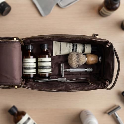 Full Grain Leather Toiletry Bag for Men & Women – Water-Resistant Travel Shaving Kit Organizer with YKK Zipper, Spacious Bathroom Grooming & Cosmetic Storage Case - Walnut Brown - color: Distressed Brown