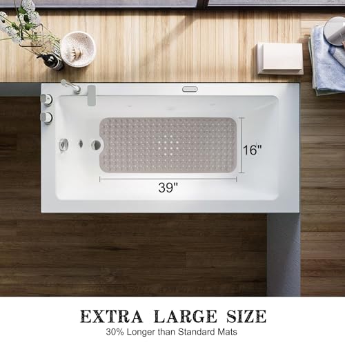 Bathtub and Shower Mats, Extra Long Non-Slip Bath Tub Mat 39 x 16 Inch, Machine Washable Bathmat with Suction Cups & Drain Holes for Bathroom Floor, Tan - color: Tan