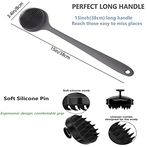 Silicone Body Scrubber & Scalp Massager, Long Handle Back Scrubber for Shower, Exfoliating Brush, Hair Dandruff Shampoo Brush for Men, Women & Kids - color: Gray