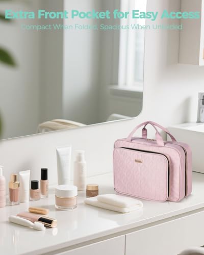 BALULHG Travel Hanging Toiletry Bag for Women, Water-Resistant Cosmetic Organizer with 4 Compartments & 360° Swivel Hook, TSA-Approved Makeup Bag for Shampoo, Full Sized Container, Toiletries (Pink) - color: Pink, size: Large