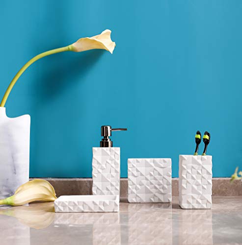 Hymmah Bathroom Accessories Set,Toothbrush Holder,Farmhouse Bathroom Decor,4 Pcs Resin Gift Set Apartment Necessities, Contain Toothbrush Cup,Soap Dispenser,Soap Dish,Tumbler - color: White Diamond Pattern