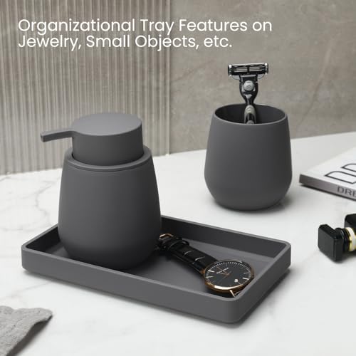 Bathroom Accessories Set, Modern 3 Pcs Bathroom Essentials - Soap Dispenser, Toothbrush Holder & Tray, Countertop Vanity Organizer (Gray) - color: Gray