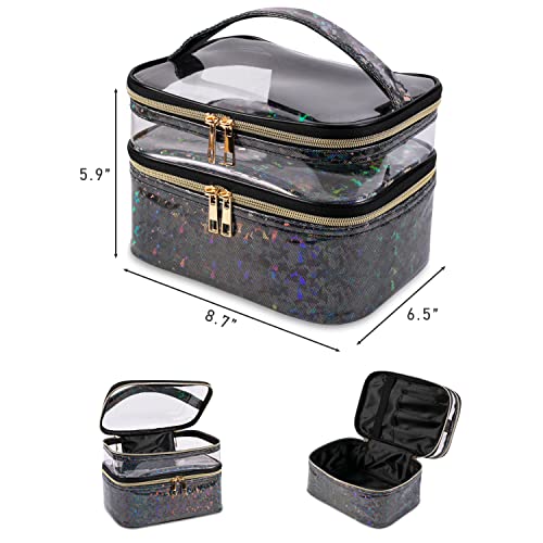 Double-layer Makeup Bag Cosmetic Bag Travel Makeup Cases Organizer Toiletry Bag Gift for Women, Portable Waterproof (Black) - color: 10-Black