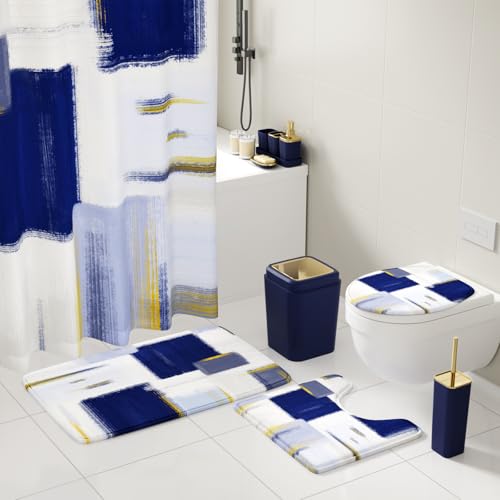 XLHOMO Bathroom Accessories Set - 25PC Bathroom Set with Shower Curtain and Rugs, Blue Bathroom Set, Bathroom Accessory Set with Press-on Lid Trash Can, Soap Dispenser and Qtip Holders - color: Blue & Gold, size: Plaid Complete Set + Bath Rugs