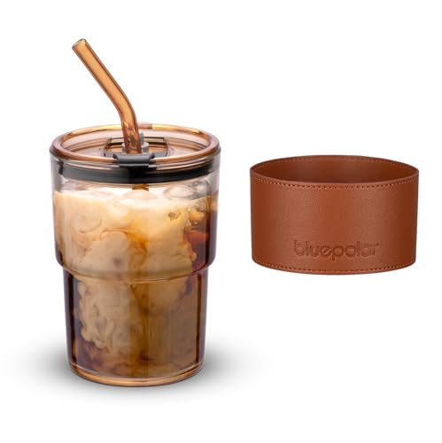 BLUEPOLAR 13oz/400ml Tumbler Water Glass, Cups with Straw and Lid Sealed Carry on for Coffee, Iced Tea, Thick Wall Insulated Glass Cup (Amberwith Protect Sleeve) - color: Amber with sleeve