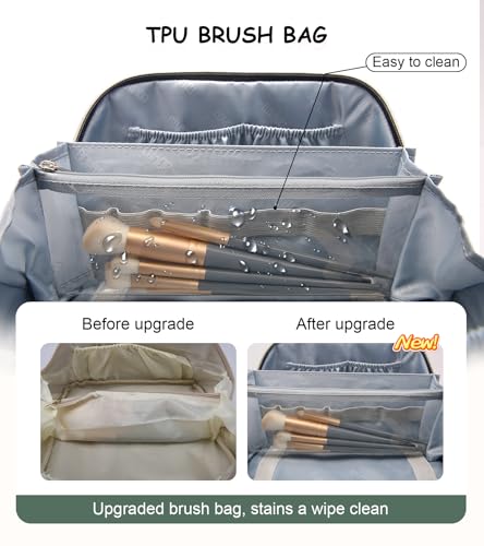 BOYATU Travel Makeup Bags Cosmetic Organizer Bag: 3 Pcs Set Large Capacity Floral Make up Bag with Compartments - Waterproof Leather Toiletry Bags with Handle for Women (18-Green) - color: 18-Green