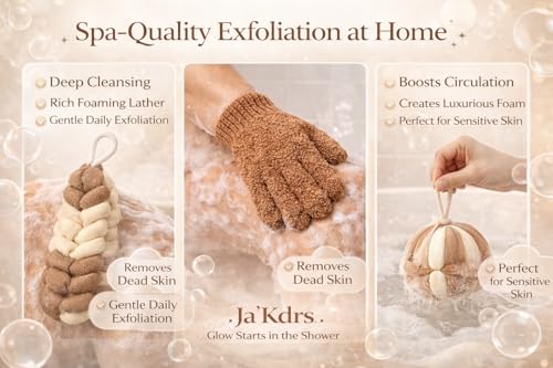 Ja'Kdrs Loofah and Exfoliating Glove Set, 2 Piece Bath Sponge Set (Brown & White) - color: Brown & White