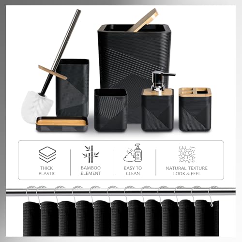 CERBIOR Bathroom Accessory Set with Shower Curtain, Includes Shower Curtain,Soap Dispenser, Toothbrush Holder, Toothbrush Cup, Soap Dish for Decorative Countertop and Housewarming Gift,Black,20PC - size: Bath Set+Shower Curtain, style: Black