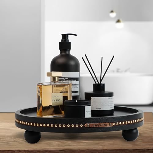Farmhouse Decorative Round Tray, 11.81 Inch, Versatile Centerpiece Tray for Coffee Table Kitchen Living Room Bathroom, Home Decor Accent Black - color: Black