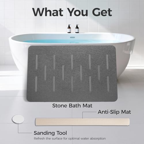 Large Stone Bath Mat 2 Pack, 31.5'' x 19.7'' Quick Drying Diatomaceous Earth Mat Large, Super Absorbent, Non Slip Diatomite Stone Bath Rugs for Bathroom, Easy to Clean (Dark Grey) - color: Dark Grey