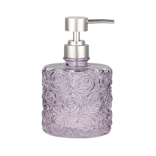 Marcella Glass Soap Dispenser with Soap Pump, Refillable 14 Ounce Capacity, Floral Design Rose Patterns, Heavy Weight Thick Glass for Bathroom, Premium Kitchen Soap Dispenser Lavender - color: Lavender Frost
