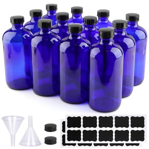 PINIWON 12 Pack 16 oz Cobalt Blue Glass Bottles, Boston Round Sample Bottles with Black Poly Cone Caps, Labels and Funnels - color: Cobalt Blue