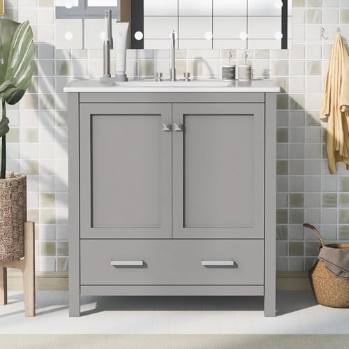 Linique 30" Bathroom Vanity with Sink Combo Set, Solid Wood Frame Bathroom Storage Cabinet with 2 Soft Closing Doors and a Drawer, Multifunctional Storage, Grey - color: Grey