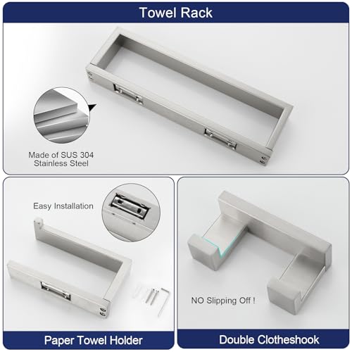 3 Pieces Brushed Nickel Bathroom Hardware Accessories Set,SUS304 Stainless Steel Towel Holder Set Towel Holder Robe Hook Toilet Paper Holder Wall Mounted - color: Brushed Nickel