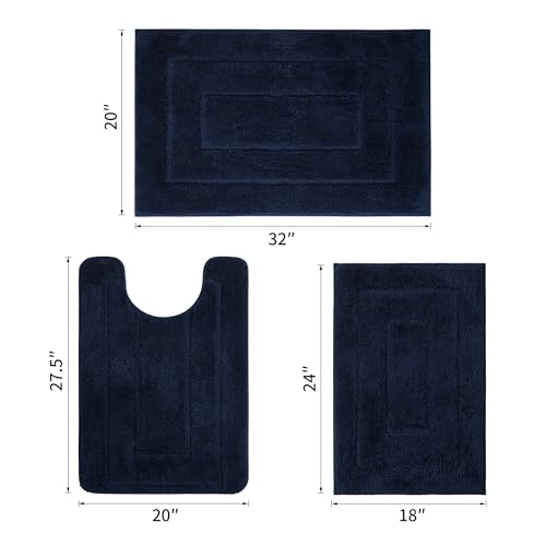 Bathroom Rugs Sets 3 Piece, with 20" x 28" U-Shaped Toilet Rug, Ultra Absorbent and Super Soft Touch, Non-Slip, Microfiber Plush,Rectangular Pattern, Quick Dry Bath Mats for Bathroom, Tub, Bedroom - color: Navy Blue