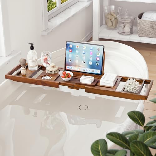 Premium Foldable Teak Bathtub Tray, Expandable Bath Tray for Tub, Luxury Bathtub & Bathroom Accessories - color: Teak