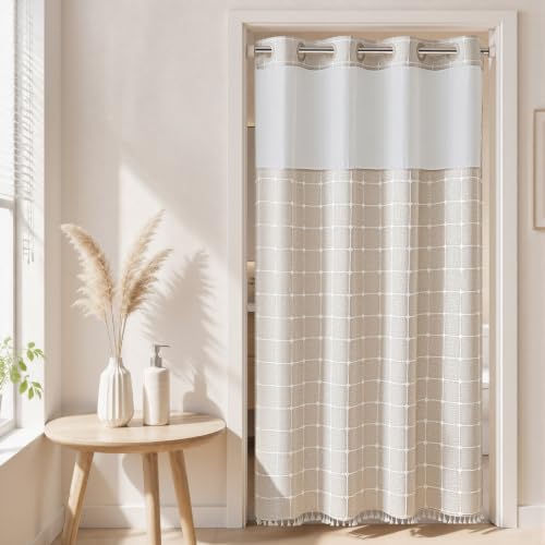 River Dream Farmhouse Linen Shower Curtain with Snap-in Liner, No Hooks Shower Curtain Set, with Tassels for Bathroom Decor,Shower Curtain and Liner with Sheer Window 54x80 Inch - color: Linen-window, size: 54"W x 80"L (Pack of 1)