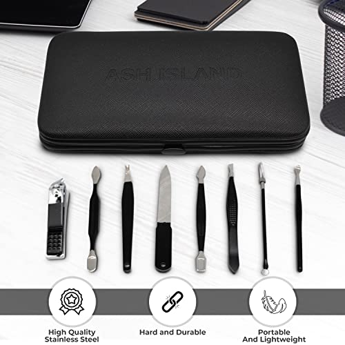ASH ISLAND Nail Clippers Set - Black Stainless 12 in 1 For Men And Women Manicure Pedicure Travel Kit Luxury Nail File Sharp Nail Scissors Fingernails Toenails with Portable Stylish Case - color: Black