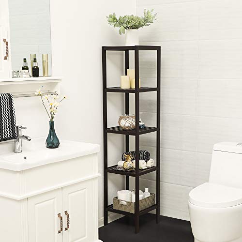 SONGMICS Bamboo Storage Shelf, 5-Tier Shelving Unit, Multifunctional, in the Entryway, Bathroom, Living Room, Balcony, Kitchen, 13 x 13 x 57.5 Inches, Brown UBCB55Z - color: Brown, size: 5 Tiers (13"D x 13"W x 57.5"H)