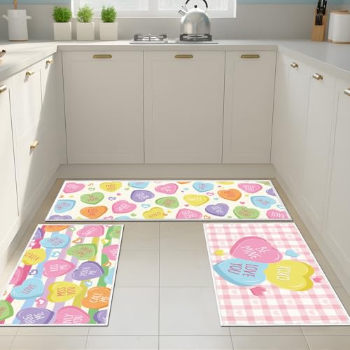 Valentines Day Kitchen Mats - Conversation Heart Themed Valentines Kitchen Rugs for Floor 3 Piece, Non-Slip Home Bedroom Washable Sweet Love Heart Decor（16x28 and 16x47 Inch） - size: 2 x 16 X 28 Inches + 16 X 47 Inches