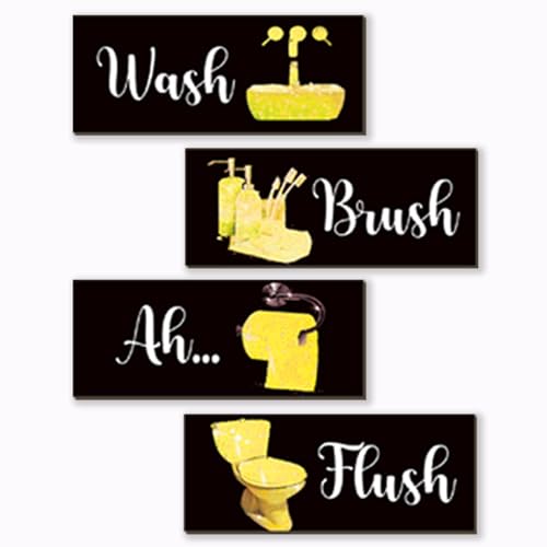 4 Pcs Yellow Bathroom Decor Funny Yellow And Black Wall Art Wooden Bathroom Accessories Modern Glitter for Home Toilet Decoration 10x4 Inches - color: Yellow, size: 10 X 4 Inch