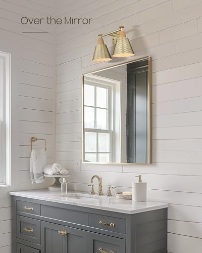 FEMILA Bathroom Light Fixtures, 2-Light Bathroom Vanity Lights Over Mirror, Antique Gold Wall Sconces, Hammered Metal Shade, 4FG59B-2W BG - color: Gold, size: 15"