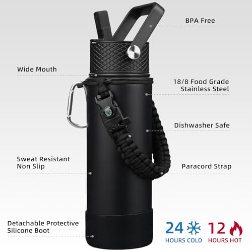BJPKPK Insulated Water Bottle with Straw Lid, 22oz Thermal Flasks Water Bottles with 3 Lids, Paracord Handle & Non-slip Boot, BPA Free Leak Proof Stainless Steel Tumblers, Cups,Black - color: Black, size: 22 Ounces