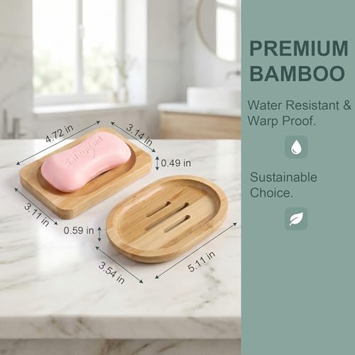 2Pcs Bamboo Soap Dish Wooden Tray Holder for Shower Steamer Bar Soap Dishes Natural Wood Bathroom Kitchen Shampoo Soap Holder 2 Size