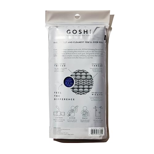 GOSHI Exfoliating Shower Towel - Long Body Scrubber for Back Acne, KP & Smooth Skin - Durable Rip-Resistant Weave, Quick-Dry Nylon Washcloth - Ethically Crafted in Gunma, Japan - Blue - color: Blue