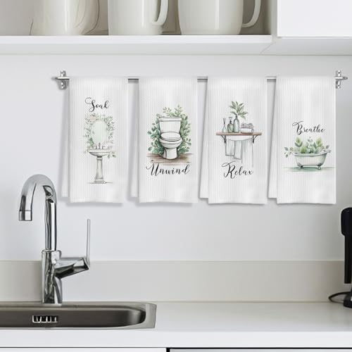 Boho Botanical Bathroom Hand Towels Set of 4, Relax Breathe Soak Unwind Decorative Hand Towels for Gym Yoga Spa Bathroom Decor, 16x24 Inches - color: E