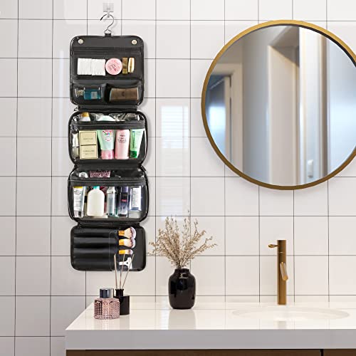 Elviros Hanging Toiletry Bag Removable Travel Bag PU leather Makeup Cosmetic Organizer Kit, Black - color: Black, size: 1 Pack