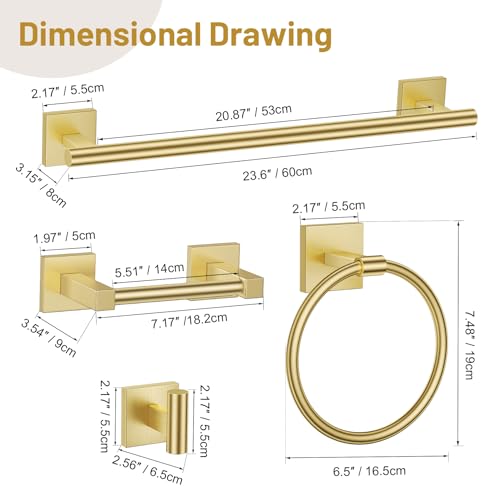 Lairuier 5 Pieces Bathroom Hardware Set Brushed Gold Towel Bar Set Includes 23.6” Towel Bar, Towel Ring Holder, Toilet Paper Holder and Two Towel Hooks, Bathroom Accessories Set SUS304 Wall Mounted - color: Brushed Gold, size: 5 Pieces - Double Base