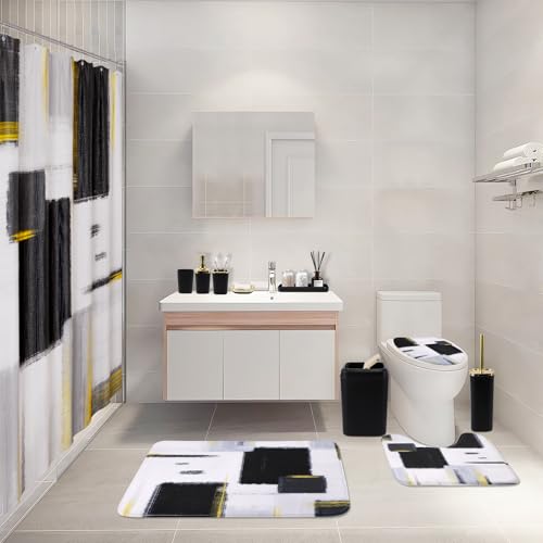 XLHOMO Bathroom Set - Black Bathroom Accessories Set, Bathroom Sets with Shower Curtain and Rugs, Black Shower Curtain Set with Bathroom Trash Can, Soap Dispenser, Soap Dish for Home Decor - color: Plaid Black & Gold, size: Complete Set + Bath Rugs