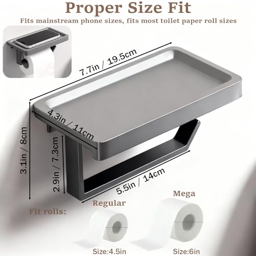 Dark Gray Toilet Paper Holder with Shelf, Premium Thicken Aluminum Alloy, Self Adhesive Toilet Tissue Roll Holder Wall Mount for Bathroom, Washroom, Kitchen, RV with Cell Phone Storage - color: Dark Gray