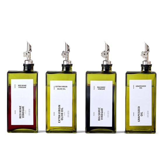 Olive Oil Dispenser Bottle for Kitchen, 16.9oz /500ml Cooking Vinegar Dispenser Bottle Set, Glass Sauce Container, Labels, Brush, Funnel, Stoppers, Green for Oil, Wine - color: Silver, 4 Pack