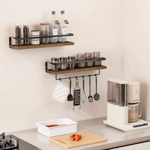 Bathroom Shelves with Towel Bar, Wood &Metal Frame, 2 Pack(Light Brown) | Floating Shelves for Bathroom, Kitchen, Living Room, Bedroom - color: Light Brown