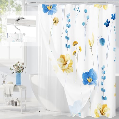Gibelle 3 in 1 Shower Curtain Set, Blue Yellow Watercolor Floral Bath Curtain and PEVA Liner Set with 12 Double Sided Steel Hooks, Waterproof Fabric Bathroom Curtain 72x72 - color: Blueyellow, size: 72"W x 72"L (Pack of 1)