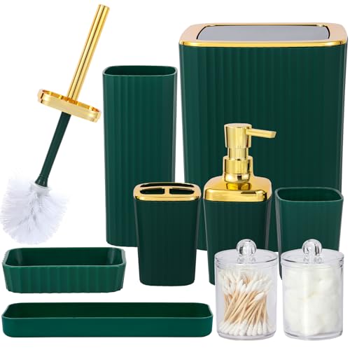 Bathroom Accessory Set,9 Pieces Dark Green Bathroom Accessories Set with Trash Can, Toothbrush Holder, Soap Dispenser, Toothbrush Cup, Vanity Tray, Soap Dish, Toilet Brush, Qtip Holder - color: Darkgreen