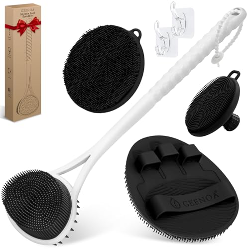 Silicone Back & Body & Face Scrubbers Set 4PCS, 15.35’’ Soft Back Scrubber for Dual-Side Usage, Easy-to-Hold Bath Glove Body Scrubber Face Scrubber for Good Foaming & Deep Cleaning(Black) - color: 02black*4
