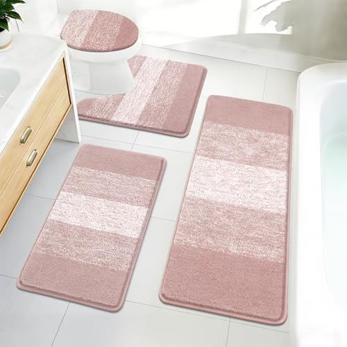 Bsmathom Bathroom Rug Set Bath Rugs Microfiber Non Slip Bathroom Set 4 Piece with Toilet Cover, Washable Absorbent Bath Mat, Pink - color: Pink, size: 18"x26"+18"x48"+U20"x24"+Cover19"x21"