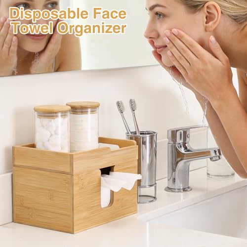 Bamboo Disposable Face Towel Holder with 2 Glass Jars - Open-Top Skincare Organizer for Facial Cleansing Wipes & Beauty Essentials - Bathroom Countertop Vanity Organizer - color: Face Towel Holder With 2 Glass Jars