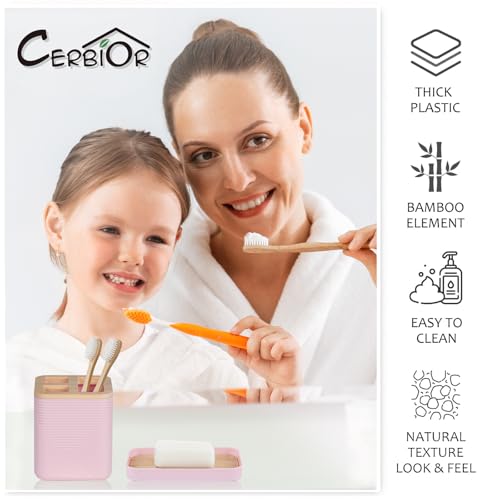 CERBIOR Bamboo Bathroom Accessories Set 6 Piece Bath Ensemble（Pink） | Includes Soap Dispenser, Toothbrush Holder, Toothbrush Cup, Soap Dish for Decorative Countertop and Housewarming Gift (Pink) - size: Complete Set, style: Pink