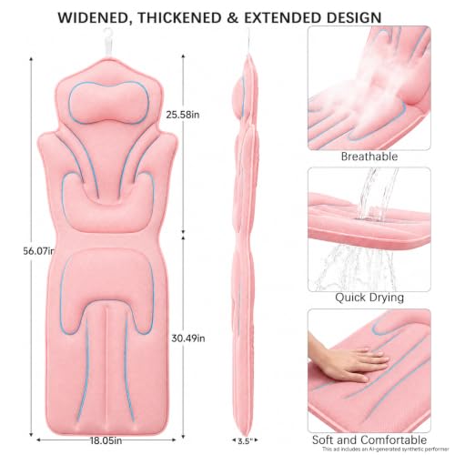 Full Body Bath Pillow for Bathtub Thickened 5D Air Mesh 144 Suction Cups | Bath Pillow Luxury Bathtub Pillow 3.7'' Thick Head, Neck and Back Support Bath Tub Pillow Extra-Large 56 x 18 Inch Size - color: Pink, size: Small