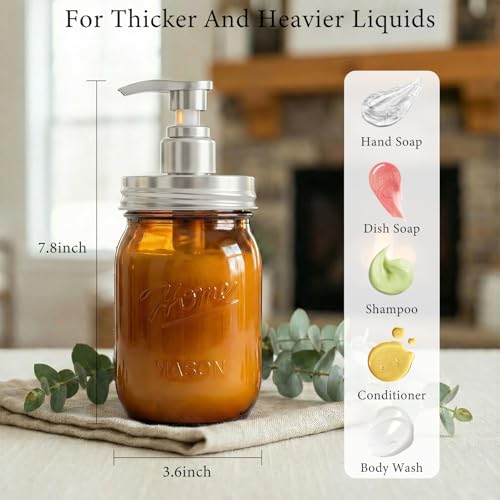 Amolliar Plastic Mason Jar Soap Dispenser with Pump Lid,16OZ Refillable Hand Soap Dispenser Set with Cute Lables - Farmhouse Decor for Kitchen Bathroom, Liquid Soap, Dish Soap, Lotion (2 Pack, Amber) - color: Amber Jar With Silver Pump