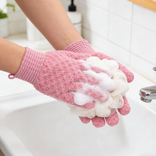 Exfoliating Bath Gloves 2 Pairs - Heavy Texture Body Scrub Gloves for Shower, Spa, Massage and Body Scrubs, Dead Skin Remover, Washing Gloves with Hanging Loop(Light Pink) - color: Pink2
