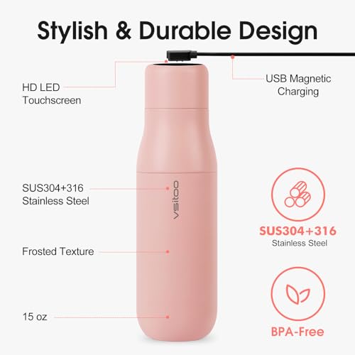 VSITOO S1 15oz Mini Insulated Stainless Steel Self-Cleaning Water Bottle | Mini 15oz Insulated Bottle for Purses & School Bags, With Auto Self-Cleaning, Touchscreen, 30-Day Battery & 24H Cold - color: Pink, size: 14.8 Ounces