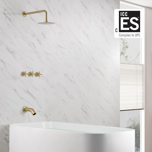 SUMERAIN 3 Handle Tub Shower Faucet Set Brushed Gold | High Pressure Waterfall Tub Spout, 3-Cross Handles, Wall Mounted, 8 Inches Rain Shower Head, Brass Rough in Valve - color: Brushed Gold
